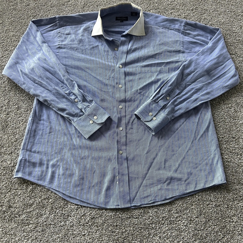 Sean John Dress Shirt Mens 17.5 XL Blue Herringbone Twill Long Sleeve Cotton